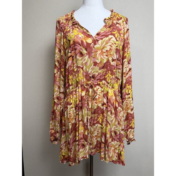 Torrid Plus SZ 4 Blouse Top Floral Ruffled V-Neck Long Sleeves Drawstring Waist - Picture 1 of 15